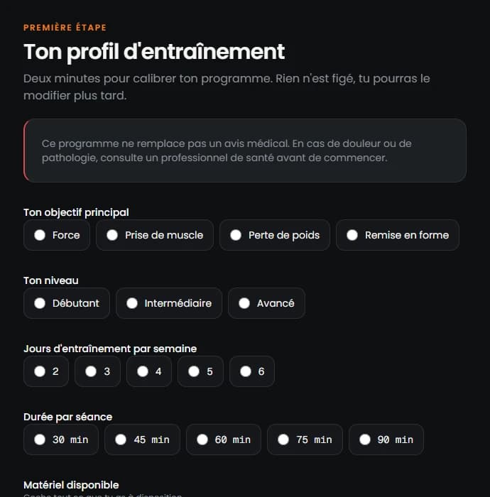 Écran BodyBurn de calibrage du profil d'entraînement